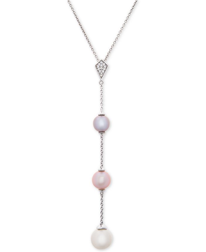 Macy's - Cultured Freshwater Pearl (6, 7 & 8mm) & Diamond Accent 17" Lariat Necklace in Sterling Silver