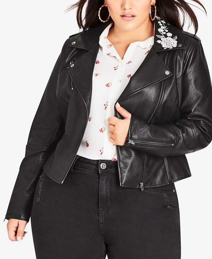 City Chic Trendy Plus Size Embroidered Faux-Leather Biker Jacket - Macy's