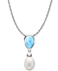 Freshwater Pearl (9 x 13mm) & Larimar 21" Pendant Necklace in Sterling Silver