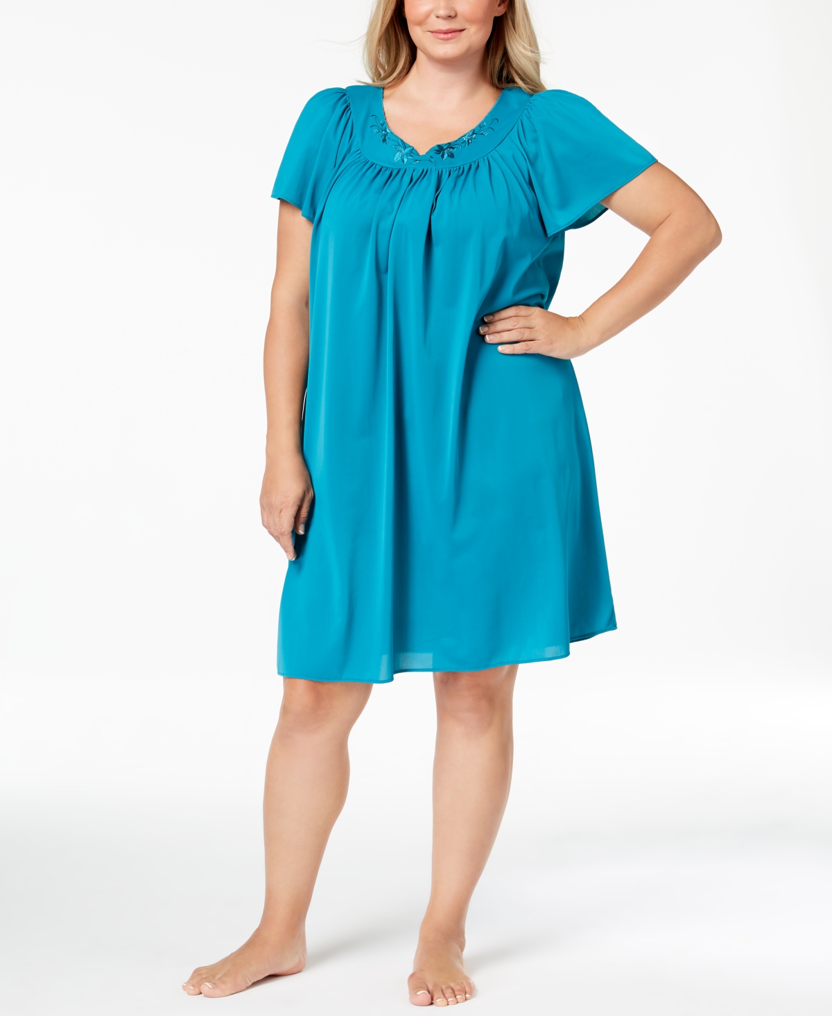 Miss Elaine Plus Size Tricot Flutter Sleeve Short Gown In Teal ModeSens
