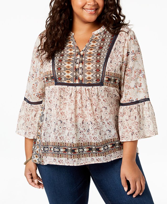 Style & Co Plus Size Mixed-Print Peasant Blouse, Created for Macy's ...