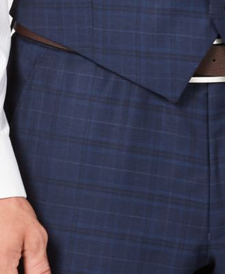 Michael Kors Men's Classic/Regular Fit Natural Stretch Navy Check Vested Wool Suit