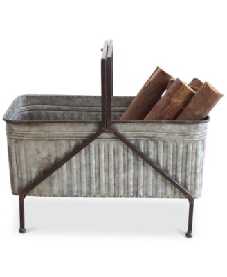 Storied Home Galvanized Metal Storage Bucket on Stand with Handle and Distressed Finish