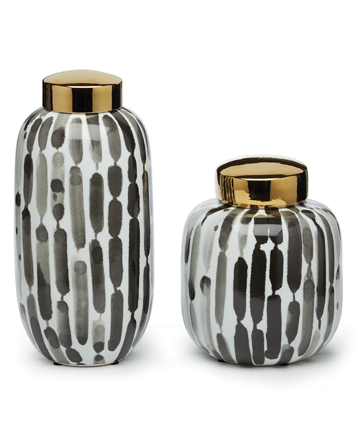 Two's Company - Brush Strokes Set of 2 Black and White Covered Jars with Gold Metallic Lid