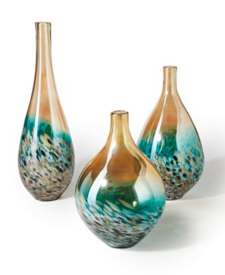 Two's Company - Sunset Set of 3 Lustrous Turquoise and Amber Teardrop Vases