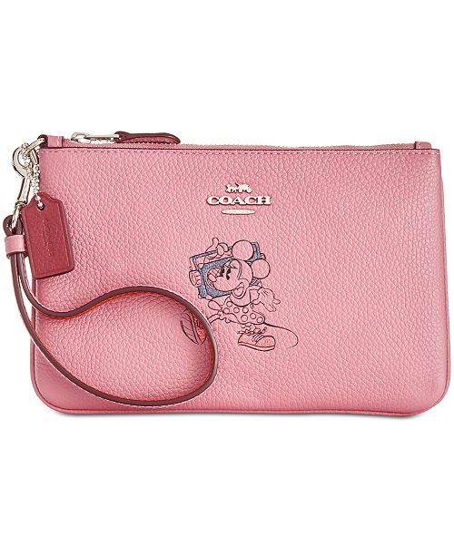 Coach Minnie Mouse Motif Boxed Wristlet In Pebble Leather