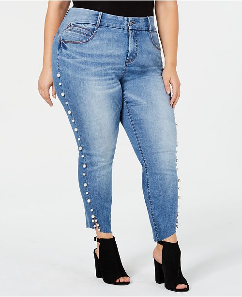 YSJ Plus Size Faux Pearl-Rivet Skinny Ankle Jeans, Created for Macy's ...