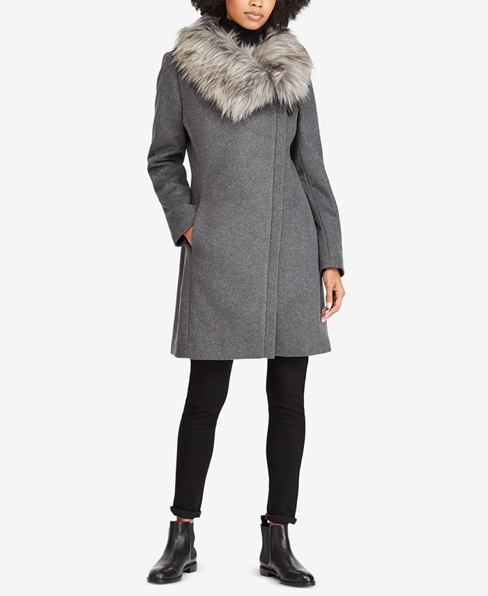 Lauren Ralph Lauren Faux-Fur-Collar Asymmetrical Coat - Macy's