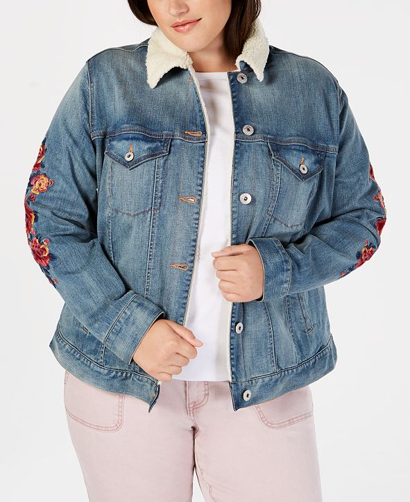 Style & Co Plus Size Embroidered Denim Trucker Jacket, Created for Macy ...