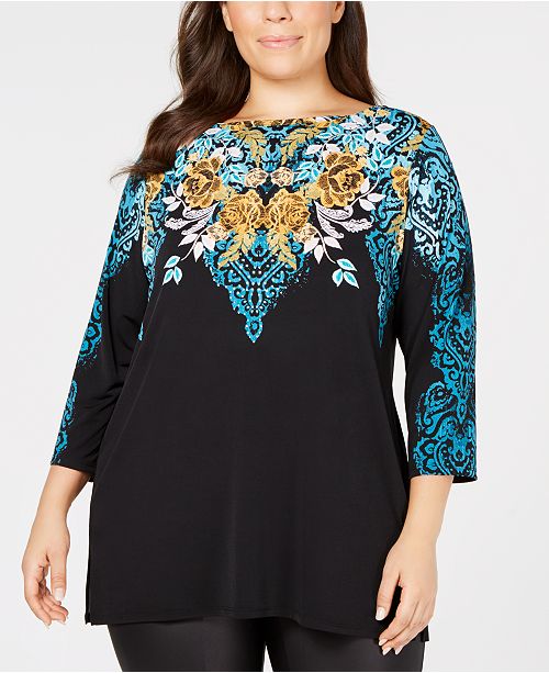 JM Collection Plus Size Embellished Printed Top, Created for Macy's