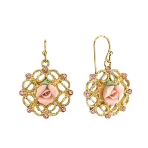 image of 2028 Gold-Tone Pink Porcelain Rose with Pink Accent Filigree Drop Earrings