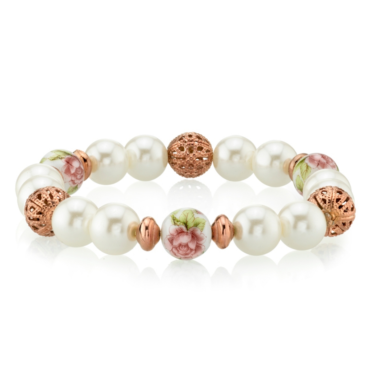 2028 Rose Gold Tone Simulated Pearl Purple Flower Filigree Beaded Bracelet In Multi