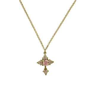 image of 2028 Gold-Tone Pink Crystal Cross and Pink Porcelain Rose Filigree Necklace 16