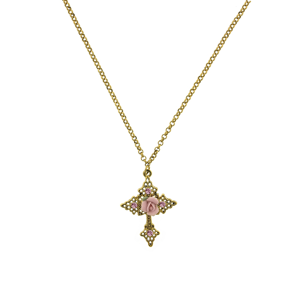 2028 Gold-tone Pink Crystal Cross And Pink Porcelain Rose Filigree Necklace 16" Adjustable