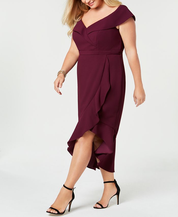xscape ruffle off the shoulder gown