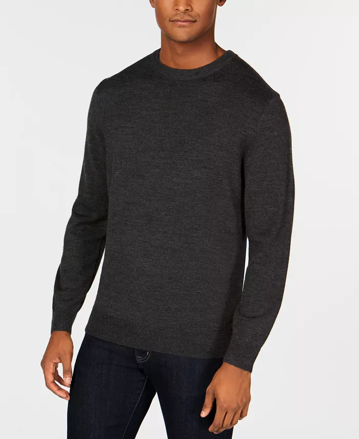 Men's Solid Crew Neck Merino Wool Blend Sweater - thumbnail 3