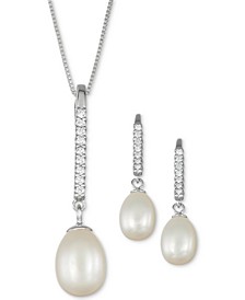 Cultured Freshwater Pearl (7-11mm) & Cubic Zirconia Linear Jewelry Set in Sterling Silver