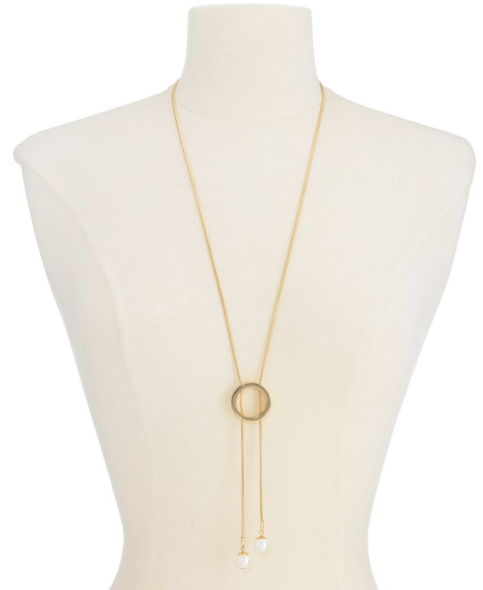 Alfani - Imitation Pearl Circle Lariat Necklace, 34" + 2" extender