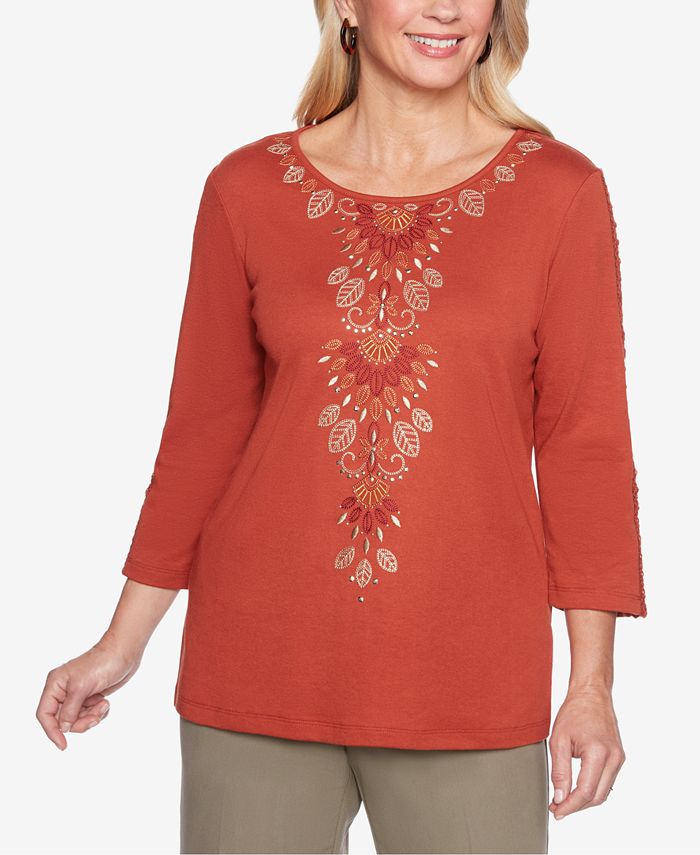 Alfred Dunner Petite Autumn in New York Embroidered 3/4Sleeve Top Macy's