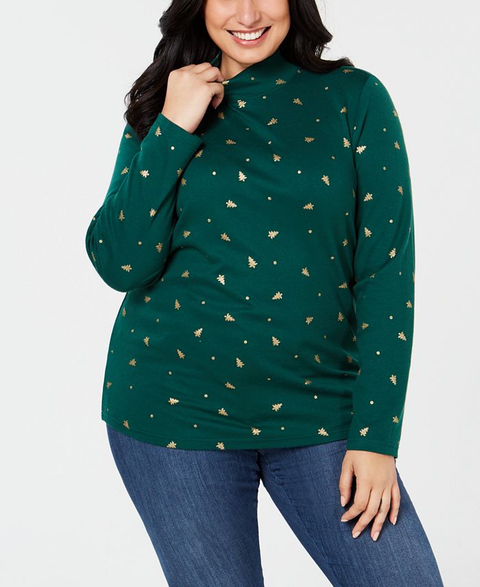 Karen Scott Plus Size Metallic Leaf Print Mock Turtleneck main image 1