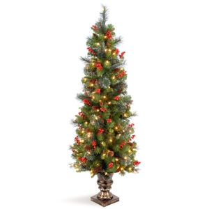 National Tree Company 5' Crestwood Spruce Entrance Tree with Silver Bristle Cones Red Berries and Glitter in a Plastic Bronze Pot with 150 Clear Lights