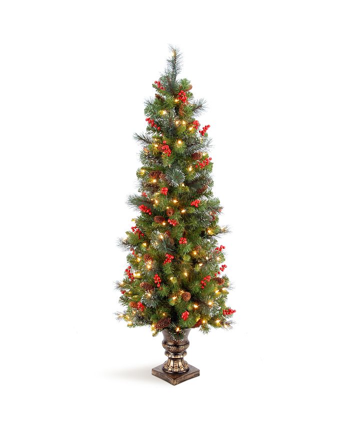National Tree Company - 5' Crestwood Spruce Entrance Tree with Silver Bristle, Cones, Red Berries and Glitter in a Plastic Bronze Pot with 150 Clear Lights