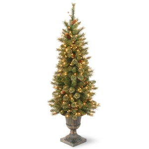 National Tree 4' Glittery Gold Pine Entrance Tree with Berries Cones and 100 Clear Lights in a Dark Bronze Pot