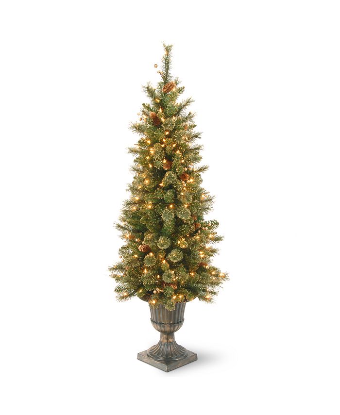 National Tree Company - National Tree 4' Glittery Gold Pine Entrance Tree with Berries, Cones and 100 Clea rLights in a Dark Bronze Pot