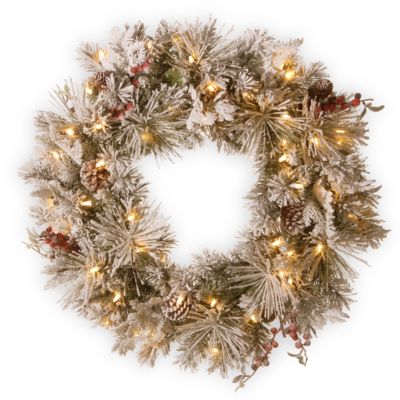 National Tree Company - 30" Snowy Bedford Pine Wreath with Cedar Leaves, Red Berries, Mixed Cones & 70 Warm White Battery Operated LED Lights w/Timer