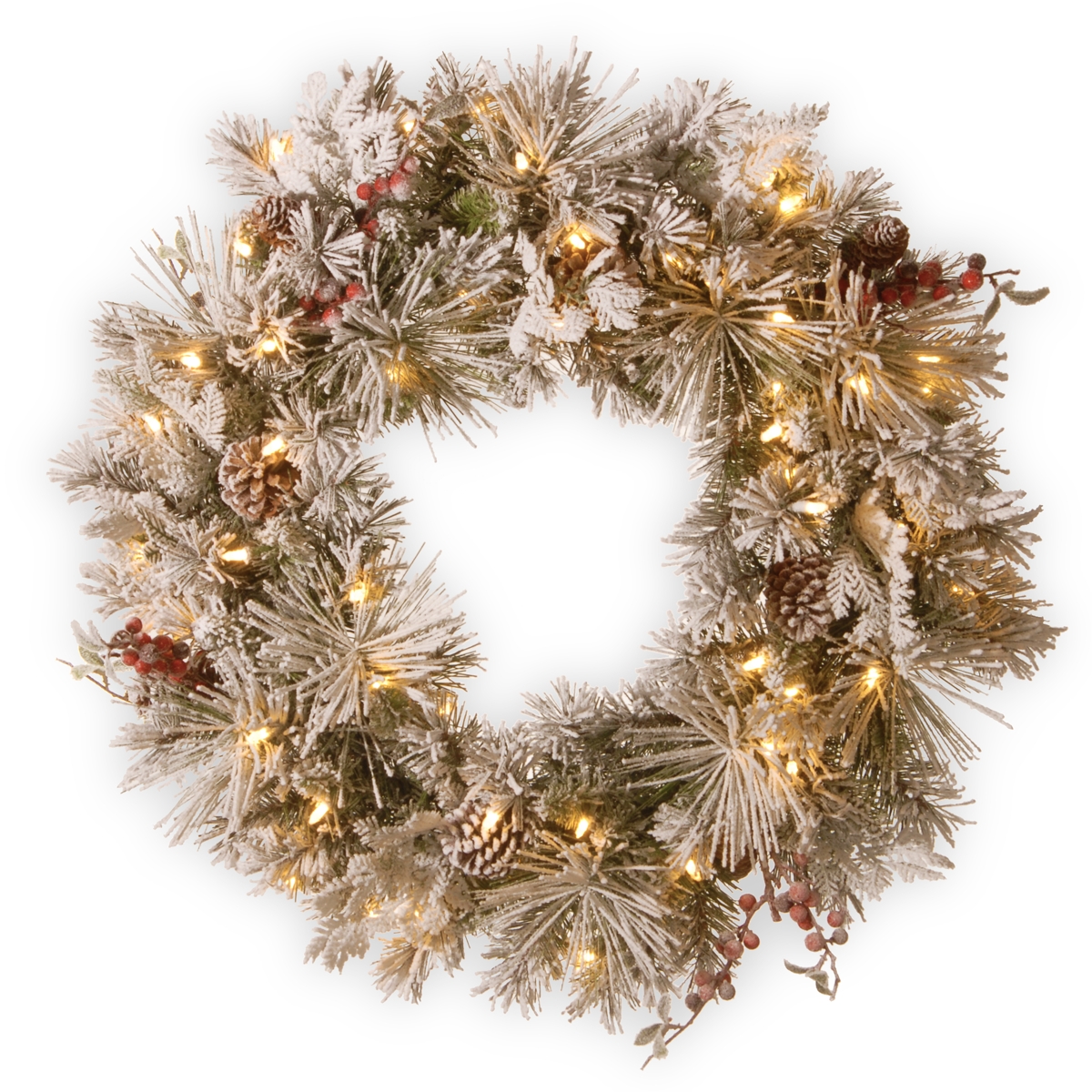 30" Snowy Bedford Pine Wreath with Cedar Leaves, Red Berries, Mixed Cones & 70 Warm White Battery Operated Led Lights w/Timer -