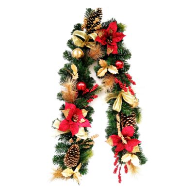 National Tree Company - 72" Decorative Garland with Ornaments, Berries, Cones Red Ribbon, Poinsettias & 20 LED Lights