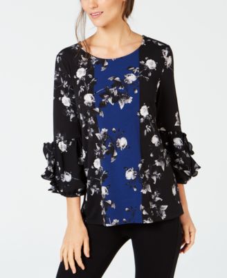 Alfani Women's Floral Print Ruched Top Black Size PS/M