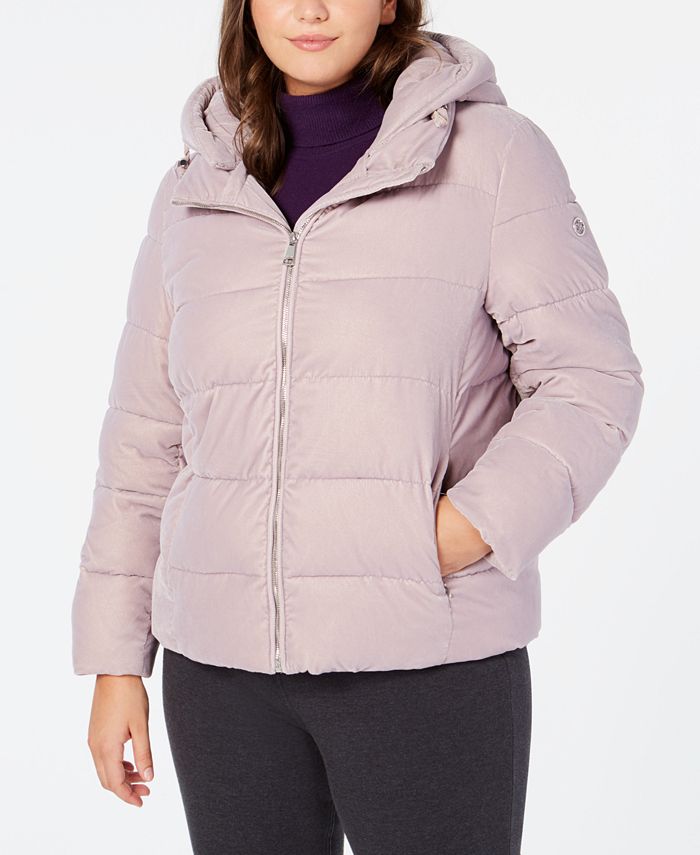 Calvin Klein Women's Printed Hooded Puffer Jacket Pink Size Large
