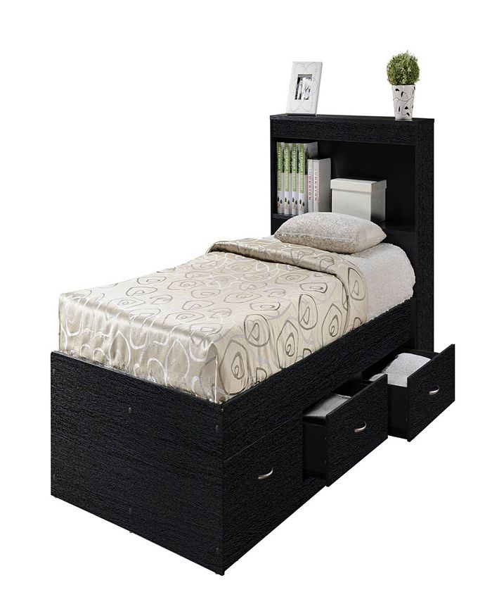 Hodedah TwinSize Captain Bed with 3Drawers and Headboard in Black