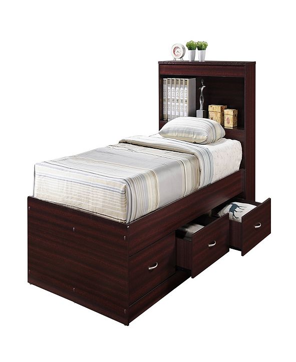 Hodedah TwinSize Captain Bed with 3Drawers and Headboard in Mahogany