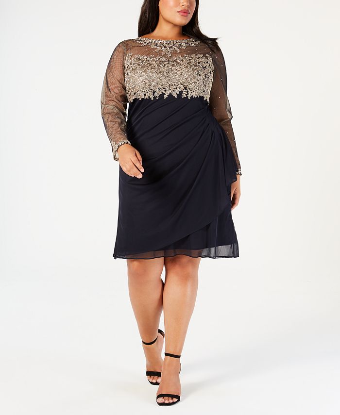 XSCAPE Plus Size Embroidered Ruched Illusion Dress - Macy's
