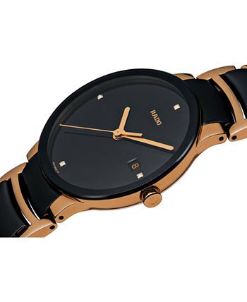 Rado - Men's Swiss Centrix Diamond Accent Black Ceramic and Rose Gold-Tone PVD Stainless Steel Bracelet Watch 38mm R30554712