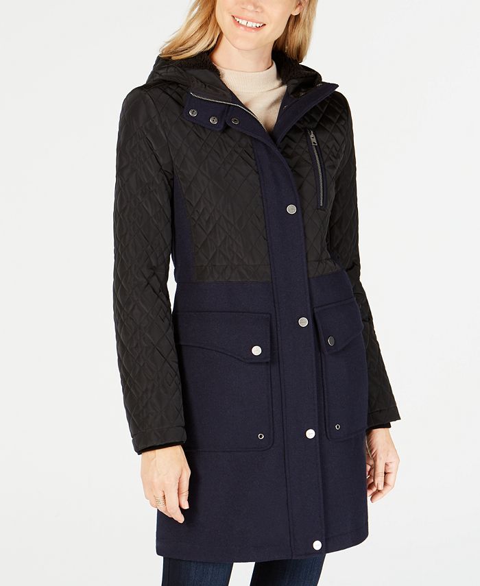 Lucky Brand Quilted-Panel Hooded Coat - Macy's
