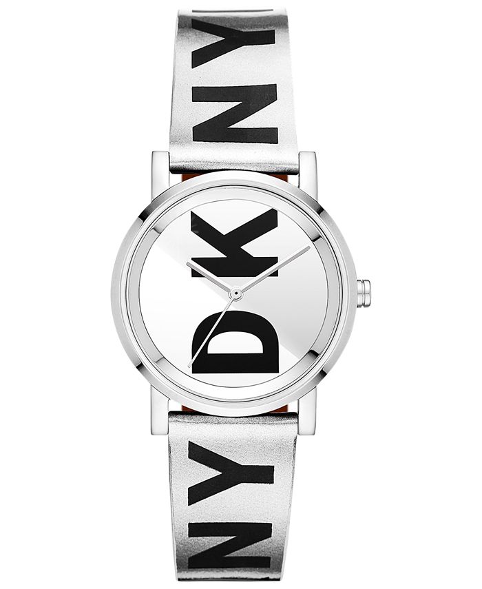 DKNY Women s Soho Black Silver Leather Tone Strap Watch 34mm