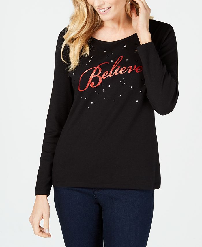 Karen Scott LongSleeve Embellished Graphic TShirt, Created for Macy's