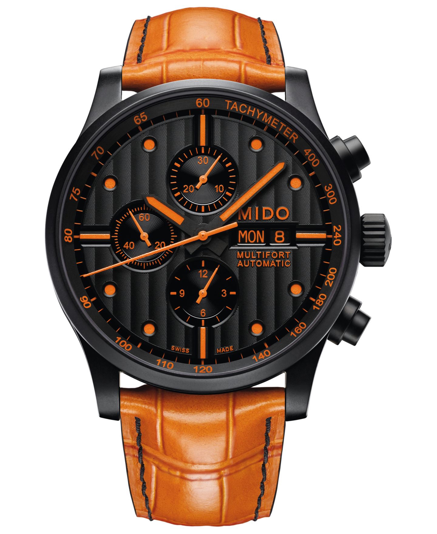 Мужские часы Mido Swiss Automatic Multifort Orange Leather & Interchangeable Black Leather Strap Watch 44mm — фото 1