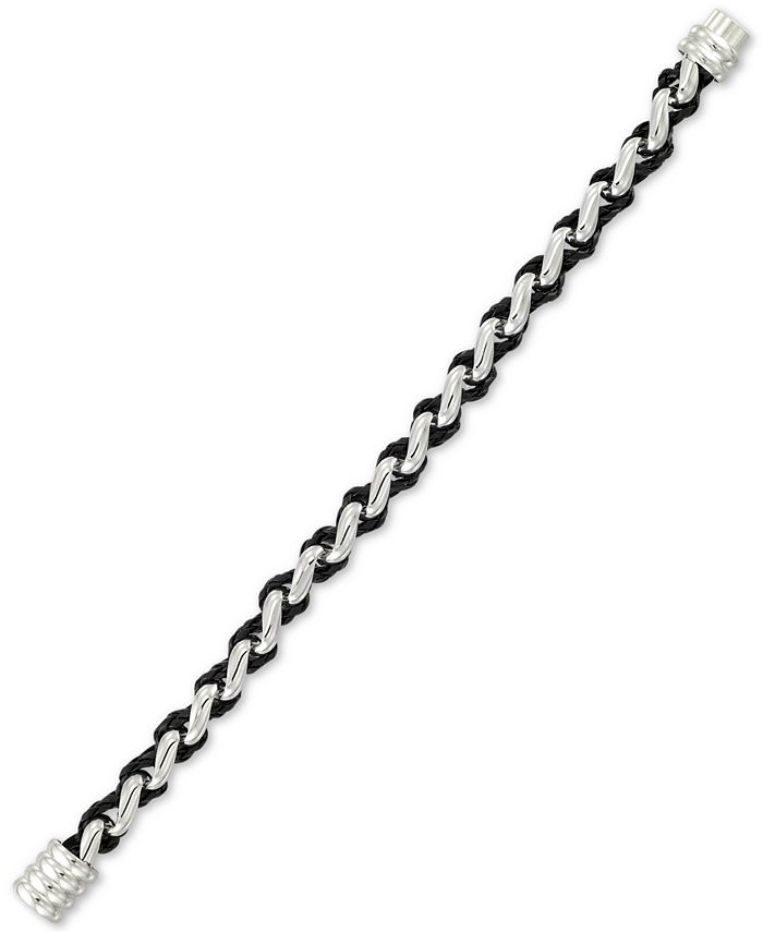 LEGACY for MEN by Simone I. Smith - Black Leather Braided Bracelet in Stainless Steel