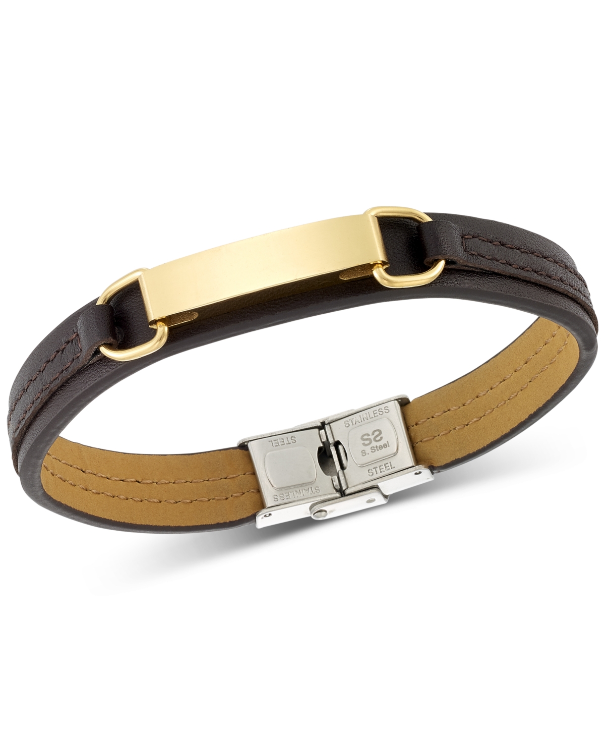 Smith Id Plate Brown Leather Bracelet in Stainless Steel Yellow Ion-Plate - Gold Tone Over Stainless Steel