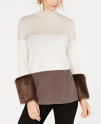 Alfani Petite Colorblocked Faux-Fur-Cuff Sweater, Created for Macy's ...
