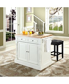 Oxford Butcher Block Top Kitchen Island With 24" Upholstered Square Seat Stools
