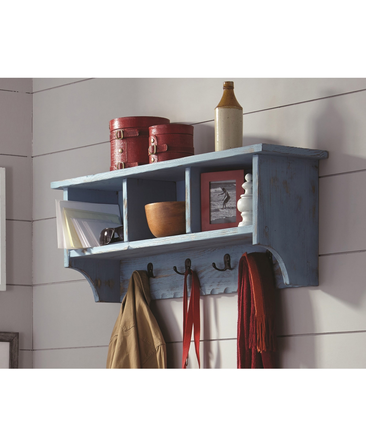 Country Cottage Coat Hook with Storage Cubbies,Antique Finish - Blue