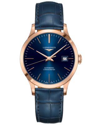 Longines - Men's Swiss Automatic Record Blue Alligator Leather Strap Watch 39mm