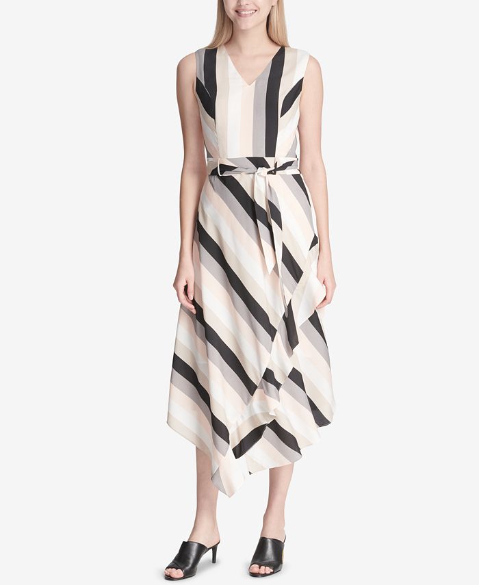 Calvin Klein Striped V-Neck Ruffled Midi Dress - Macy's