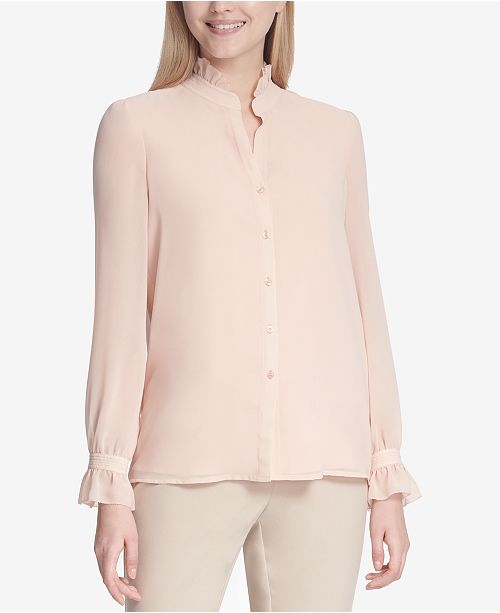Calvin Klein Women's Tie Front Chiffon Peasant Blouse Pink Size X-Large