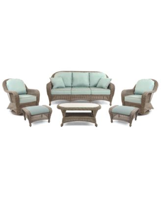 Furniture - Sandy Cove Outdoor 6 Piece Seating Set: 1 Sofa, 2 Swivel Chairs, 2 Ottomans and 1 Coffee Table